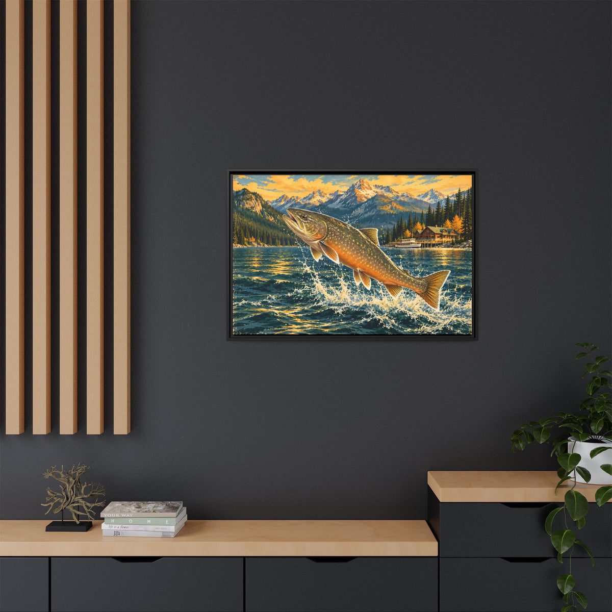 Northern Lake Lodge Bull Trout framed canvas in a home office