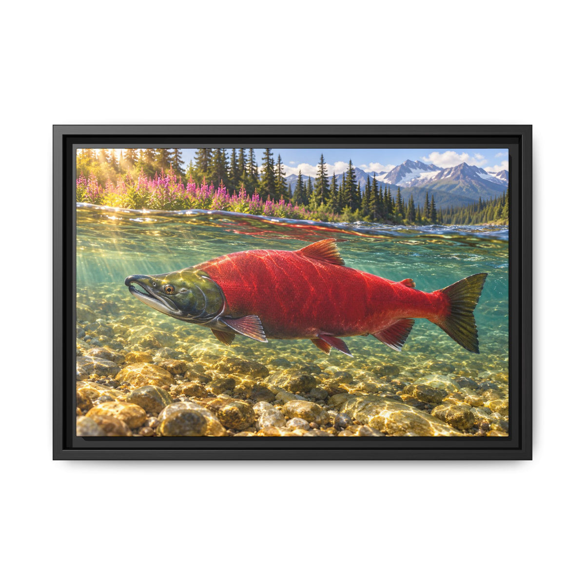 Crimson Run Sockeye Salmon framed canvas, 24x16 size view