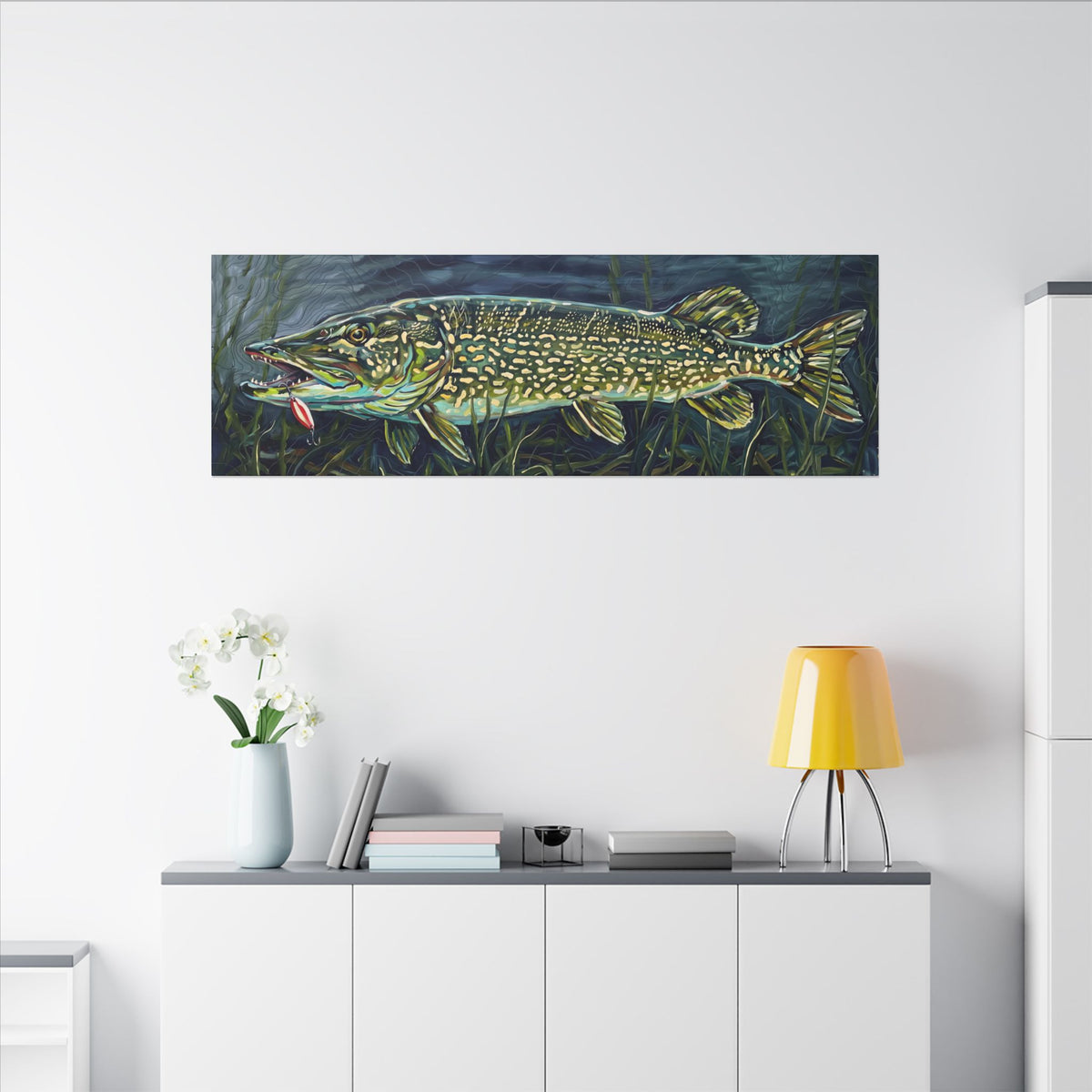 Legends Bold Weed-Line Northern Pike Panorama long canvas wall art, view 6