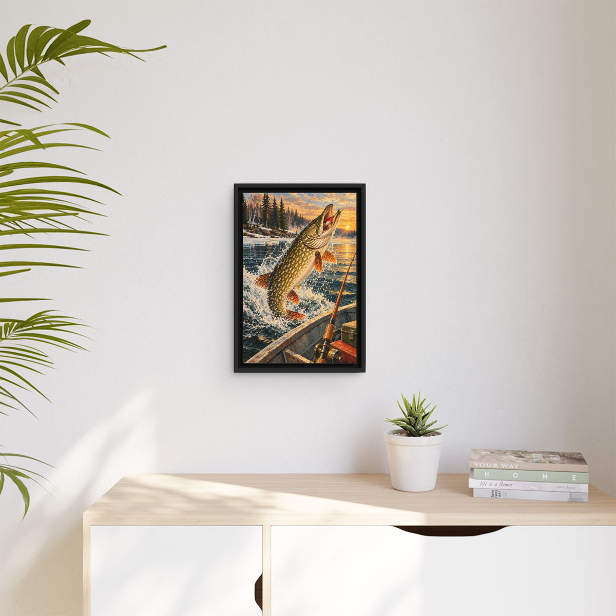 Northern Pike Strike by the Boat framed canvas wall art, view 5