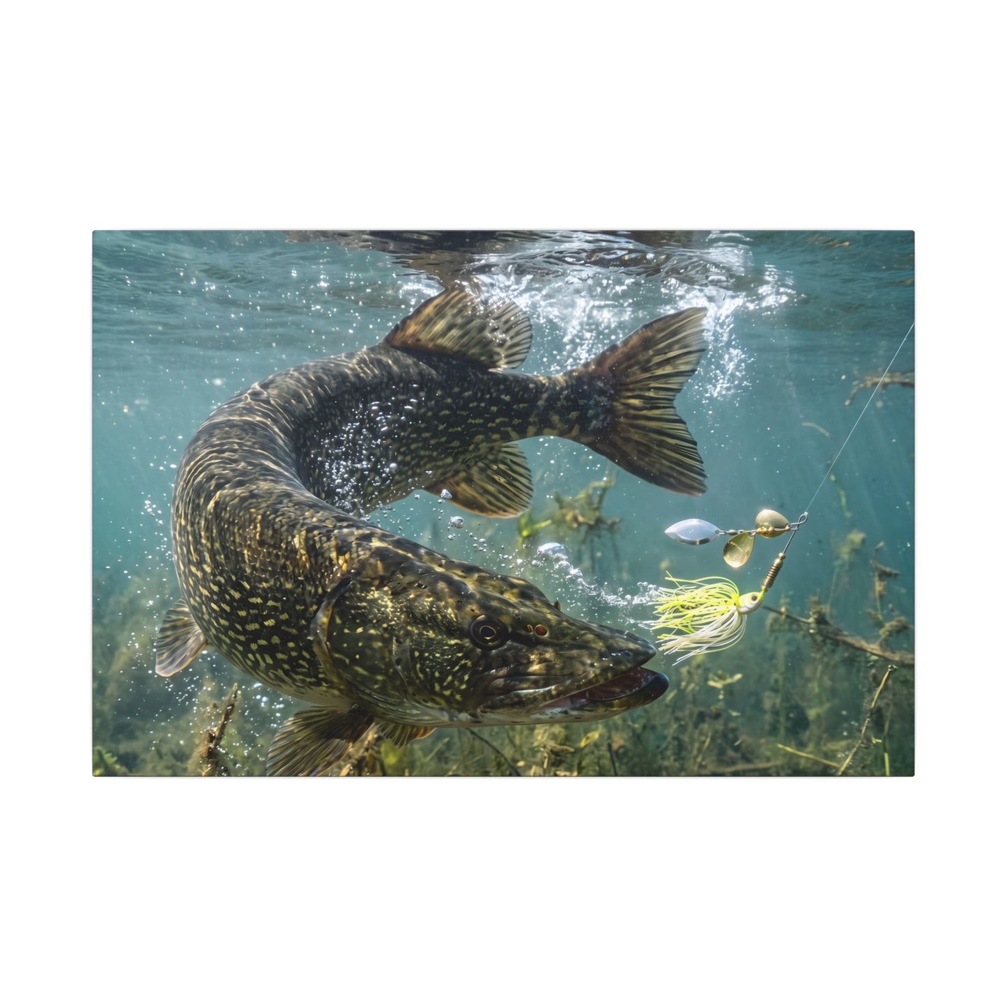 Northern Pike Turning Strike Canvas — Action Wall Art for Anglers