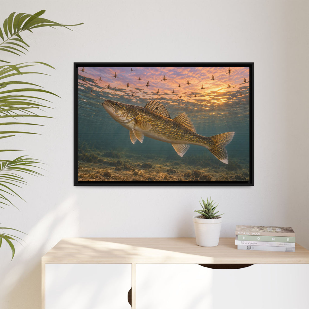 Mayfly Hatch Evening Walleye framed canvas hanging in a living room