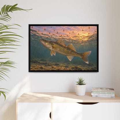 Mayfly Hatch Evening Walleye framed canvas hanging in a living room