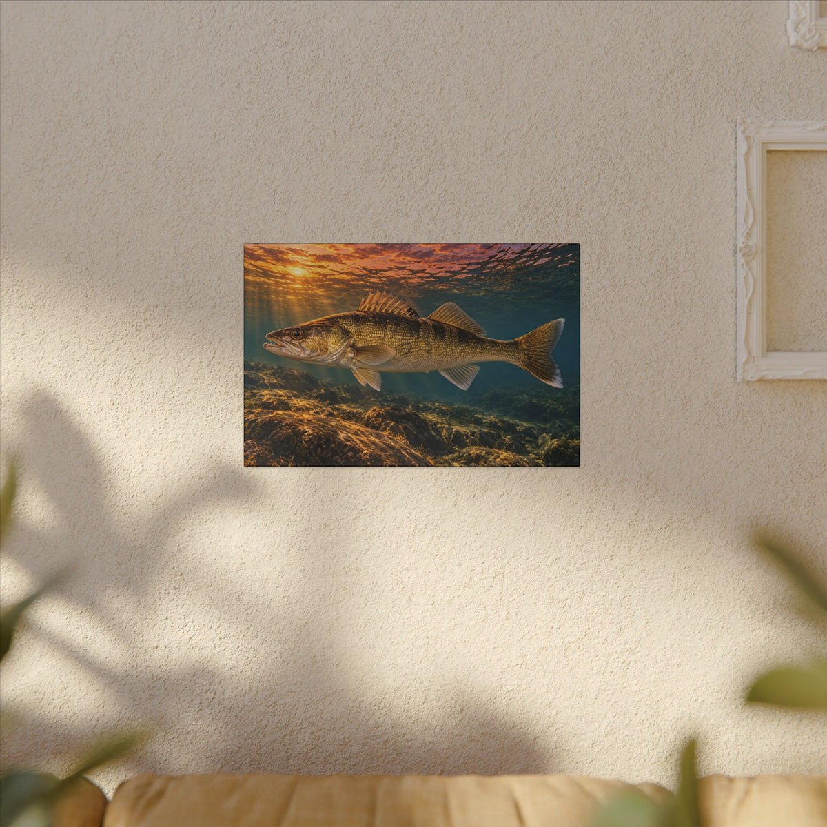 Last Light Walleye canvas hanging in a living room