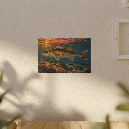 Last Light Walleye canvas hanging in a living room