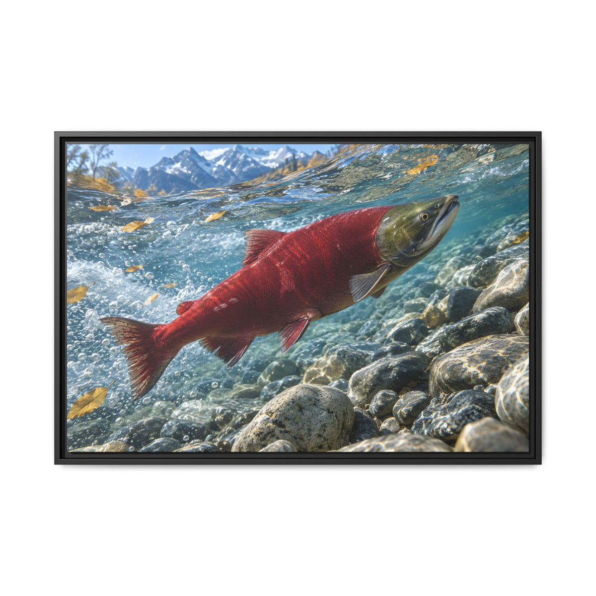 Crimson Ascent Sockeye Salmon framed canvas wall art