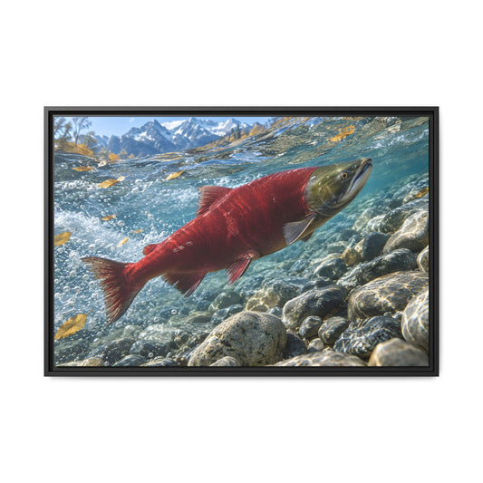 Crimson Ascent Sockeye Salmon framed canvas wall art