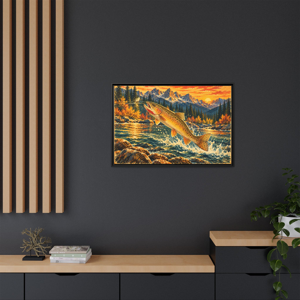 Idaho Wilderness Cutthroat Trout framed canvas in a home office