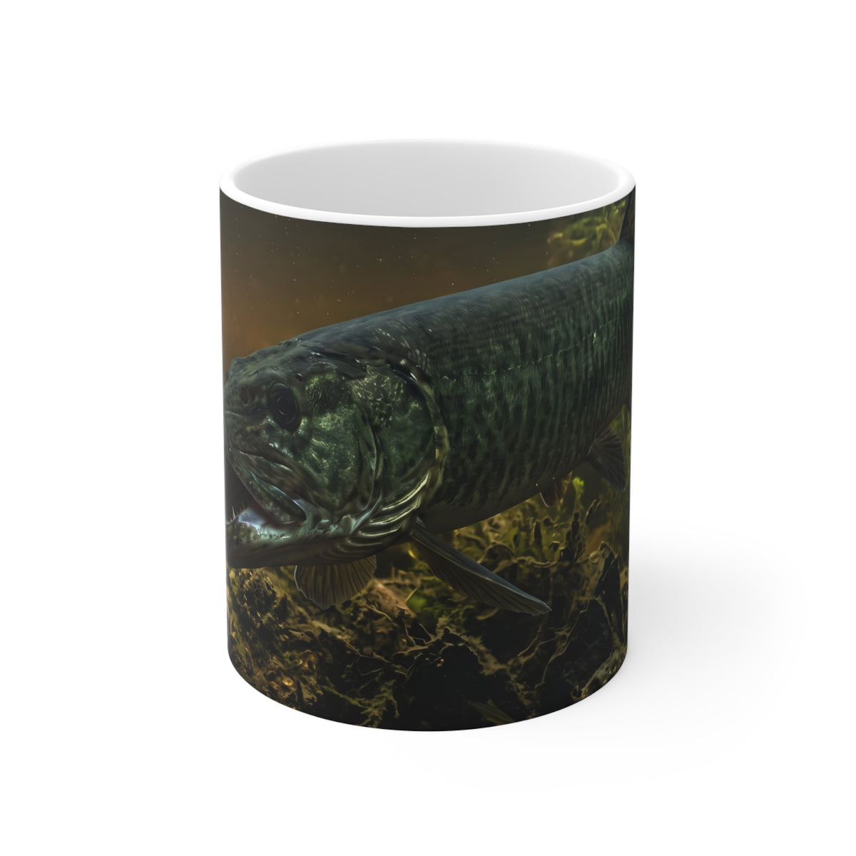 Mouth Open Dusk Sky Muskie full-wrap coffee mug, front view