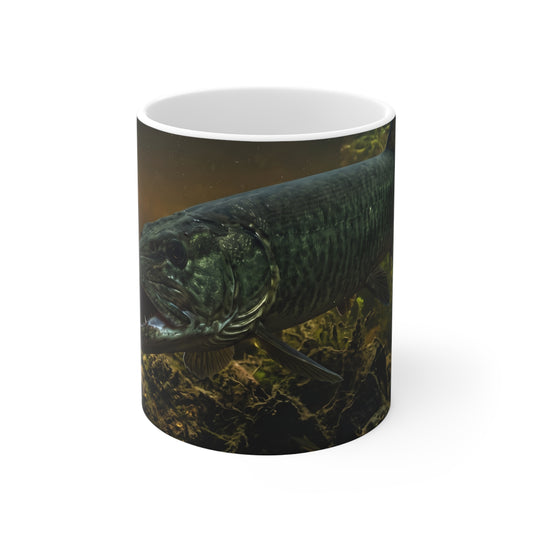Mouth Open Dusk Sky Muskie full-wrap coffee mug, front view
