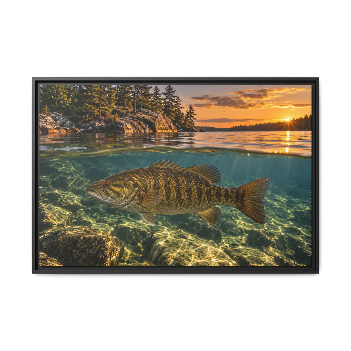 Over-under view of a smallmouth below a granite point at golden sunset, fishing wall art framed canvas