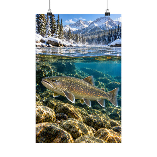 Snowy Mountain River Bull Trout Poster — Vertical Fishing Wall Art for Anglers