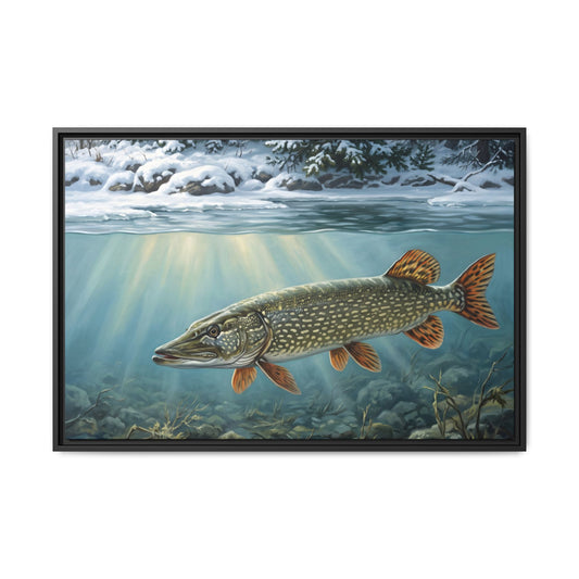 First Snow Northern Pike framed canvas, 18x12 size view