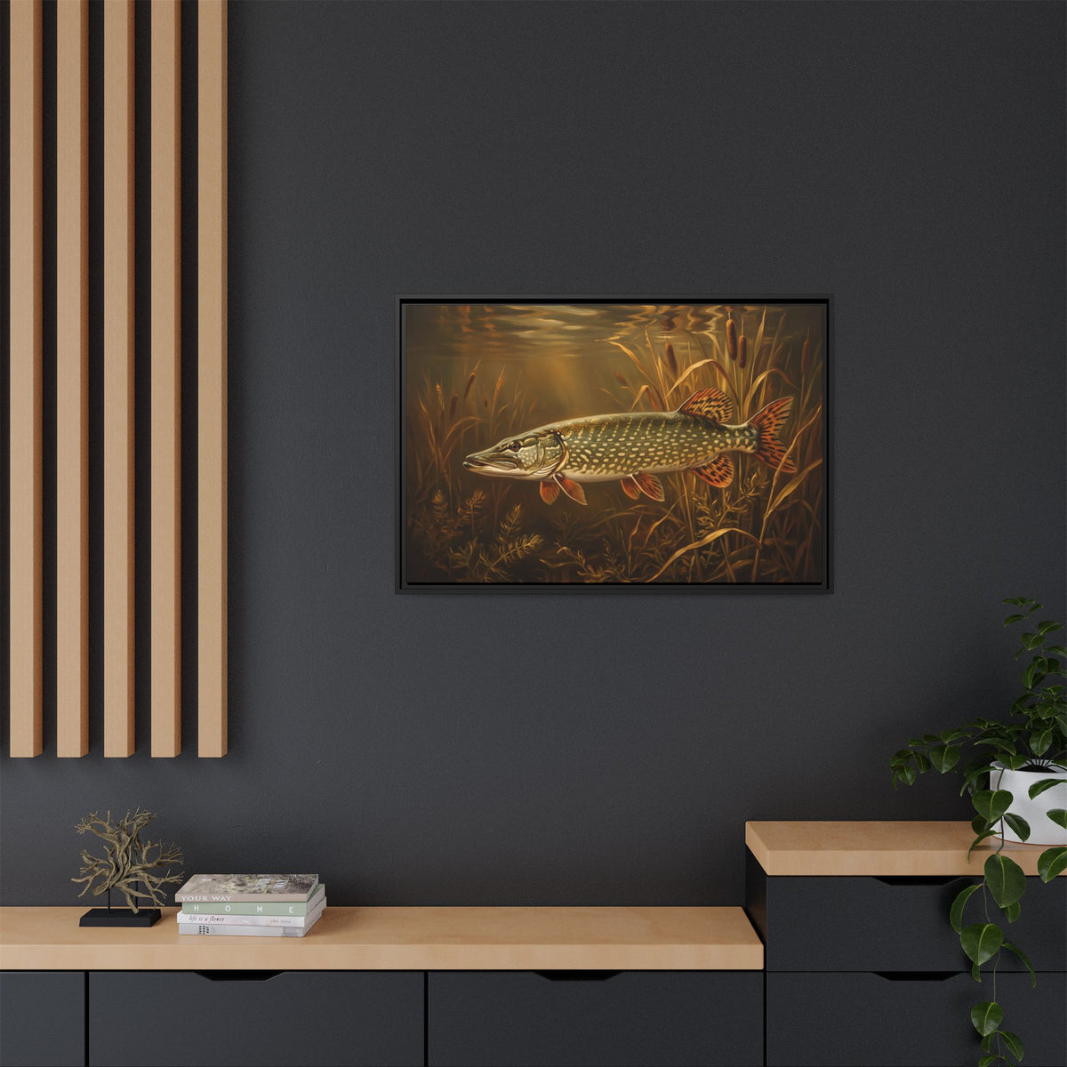 Old Masters Oil Northern Pike framed canvas in a home office