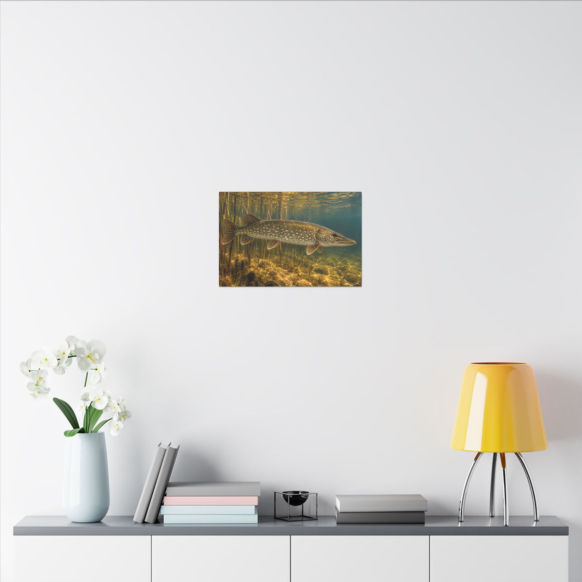 Amber Reed Sentinel Northern Pike canvas in a home office