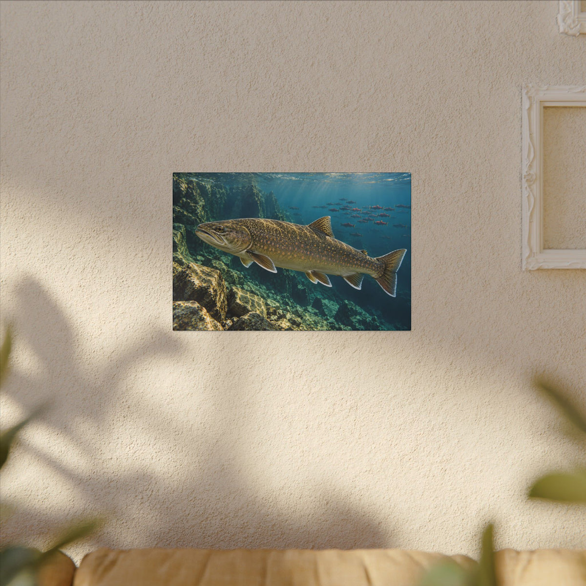 Pend Oreille Giant Bull Trout canvas hanging in a living room