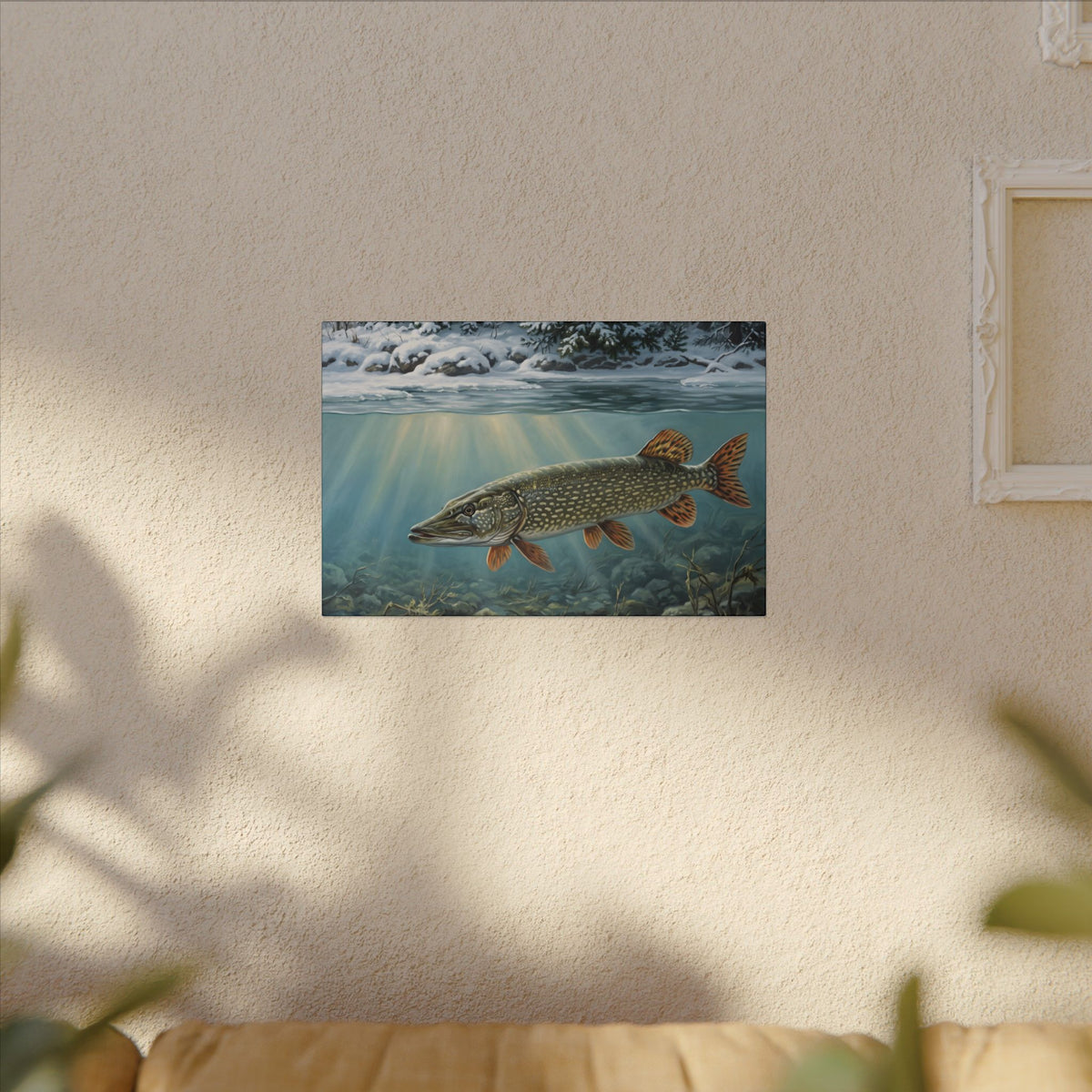 First Snow Northern Pike canvas hanging in a living room