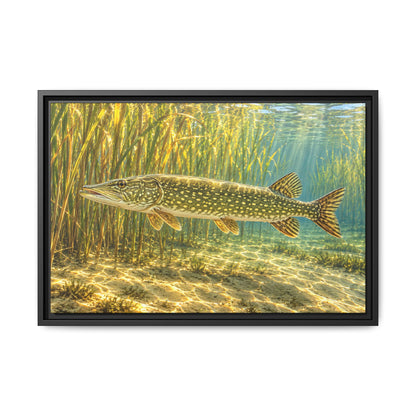 Sunlit Reed Edge Northern Pike framed canvas, 36x24 size view