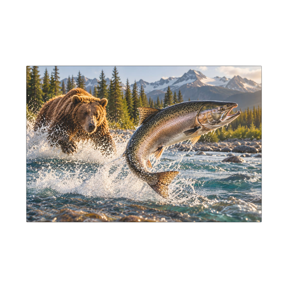 Grizzly Bear and Leaping Salmon canvas wall art, view 2