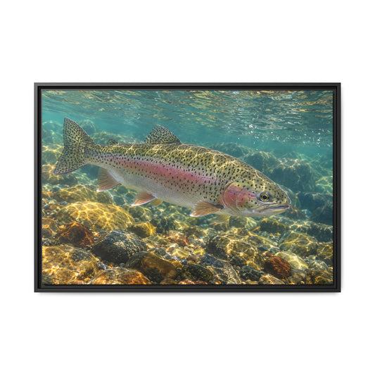 Sunlit Gravel Run Rainbow Trout framed canvas wall art
