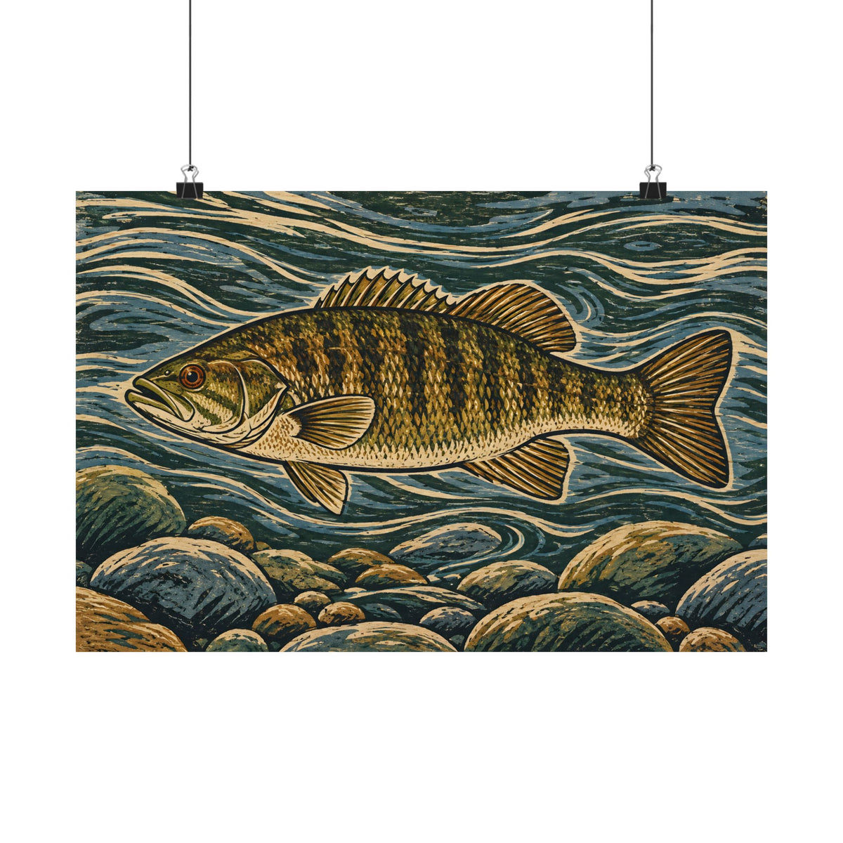 Woodcut River Smallmouth Bass poster wall art, view 2