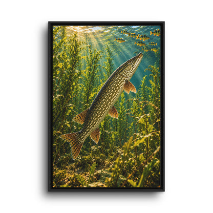 Northern Pike in the Weeds Underwater framed canvas wall art, view 3
