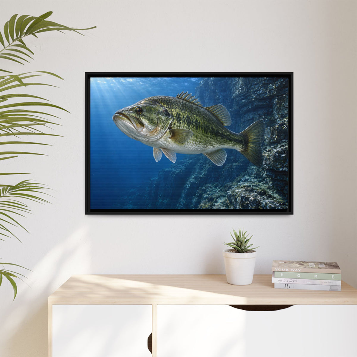 Cobalt Cliff Patrol Largemouth Bass framed canvas hanging in a living room