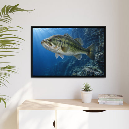 Cobalt Cliff Patrol Largemouth Bass framed canvas hanging in a living room