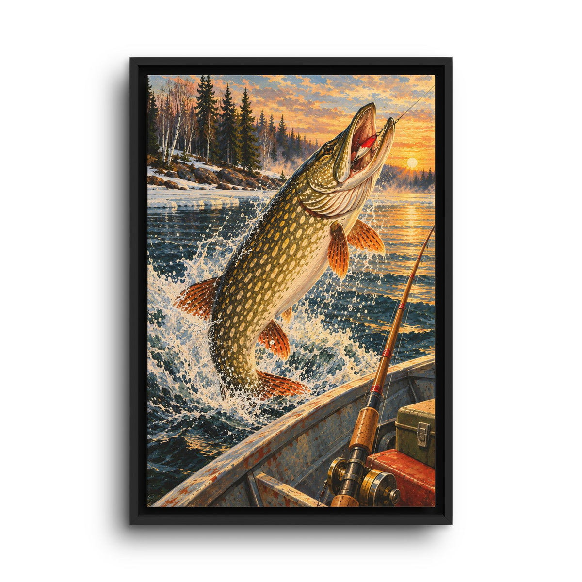 Northern Pike Strike by the Boat framed canvas wall art, view 2