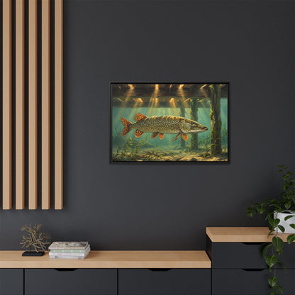 Under the Dock Northern Pike framed canvas in a home office