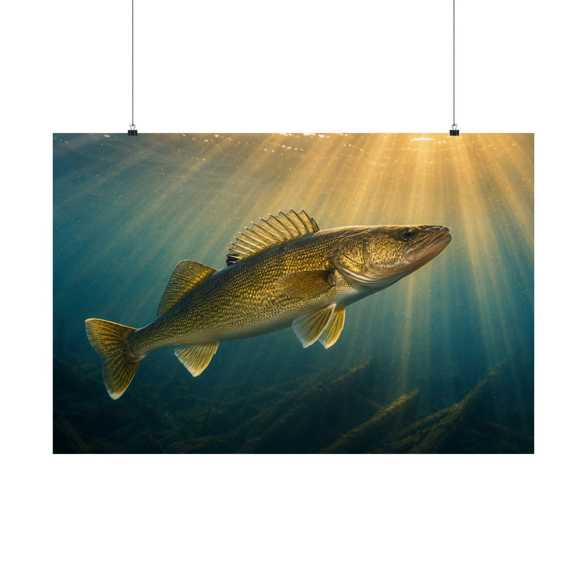 Walleye Backlit Cruise Through Sunbeams — Matte Horizontal Wall Art