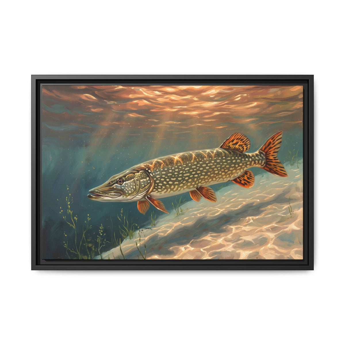 Sandbar Sunset Northern Pike framed canvas, 36x24 size view