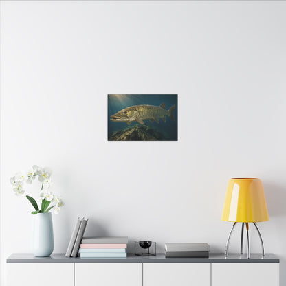 Golden Backlit Muskie Profile canvas in a home office