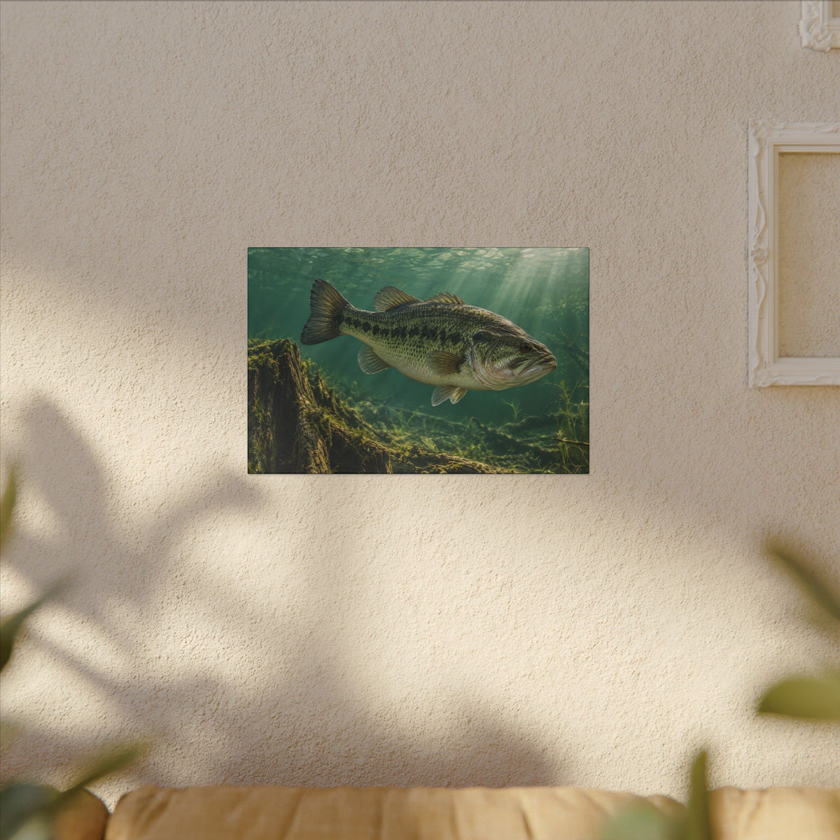 Jade Morning Mist Largemouth Bass canvas hanging in a living room