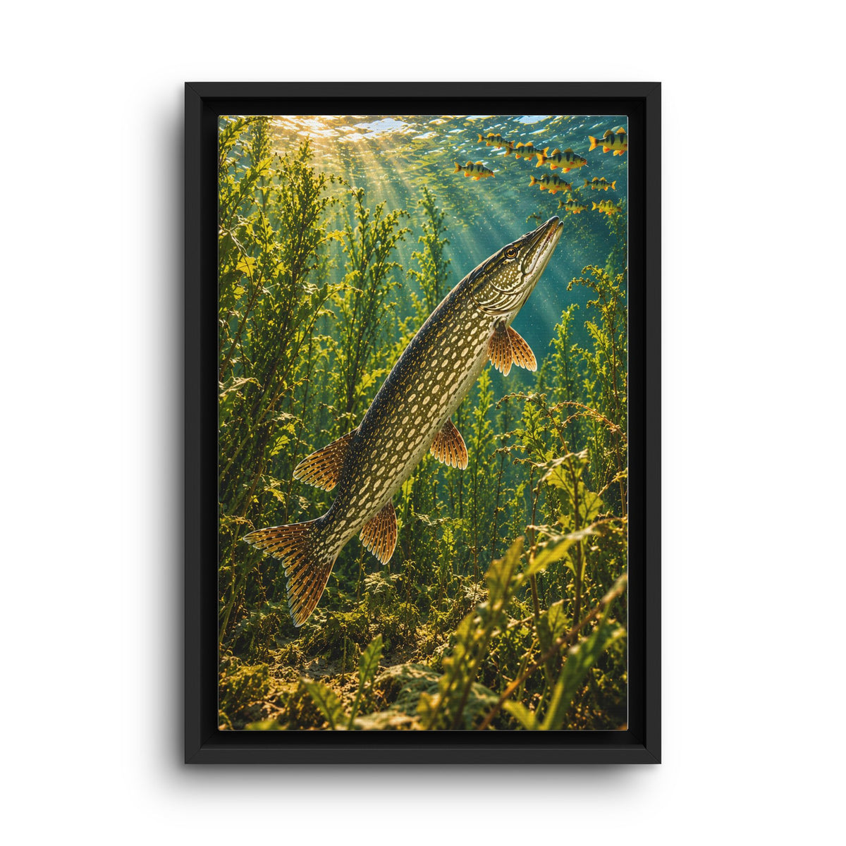 Northern Pike in the Weeds Underwater framed canvas wall art