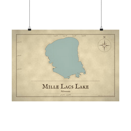 Mille Lacs Lake Vintage Map poster wall art