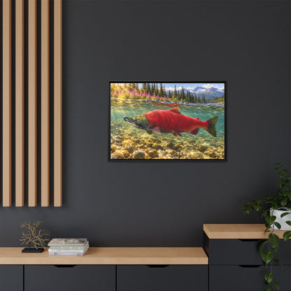Crimson Run Sockeye Salmon framed canvas in a home office