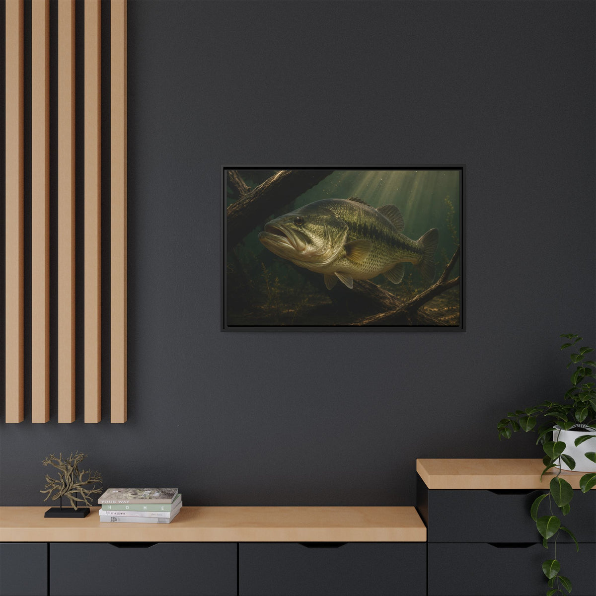 Timber Ambush Largemouth Bass framed canvas in a home office