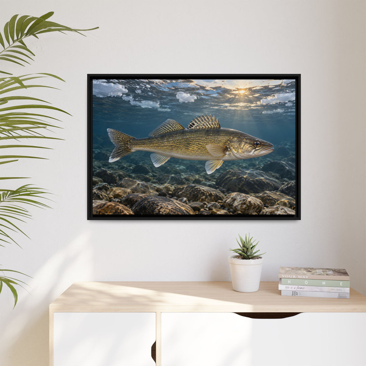Ice-Out Spawning Run Walleye framed canvas hanging in a living room