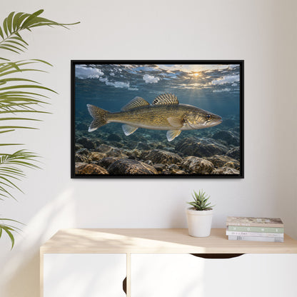 Ice-Out Spawning Run Walleye framed canvas hanging in a living room