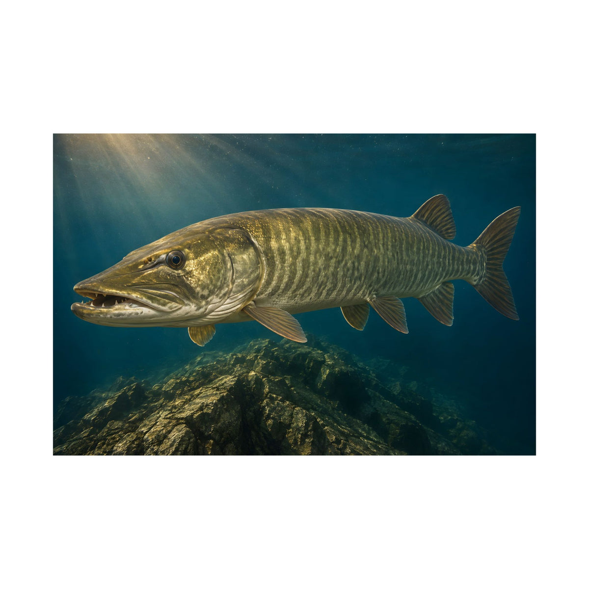Golden Backlit Muskie Profile Poster — Trophy Underwater Wall Art for Anglers