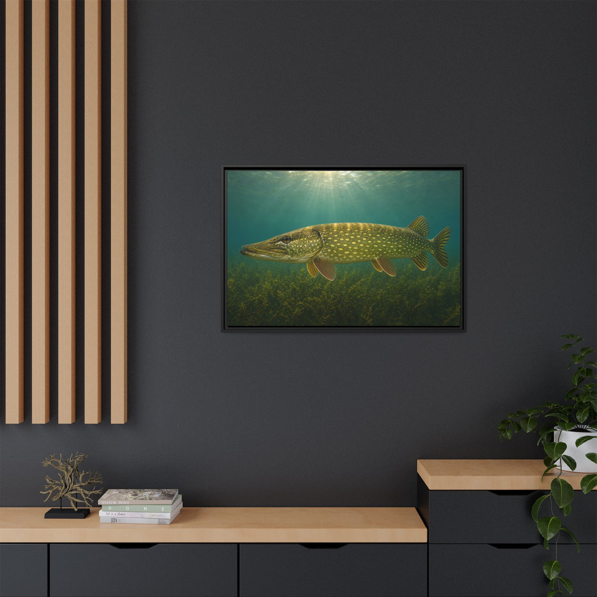 Over the Weed Bed Northern Pike framed canvas in a home office
