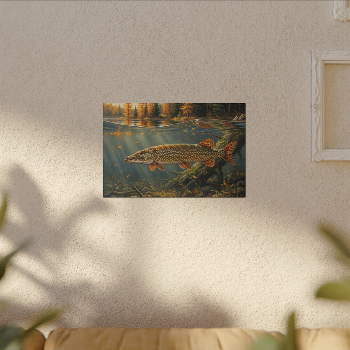 Tamarack Gold Northern Pike canvas hanging in a living room