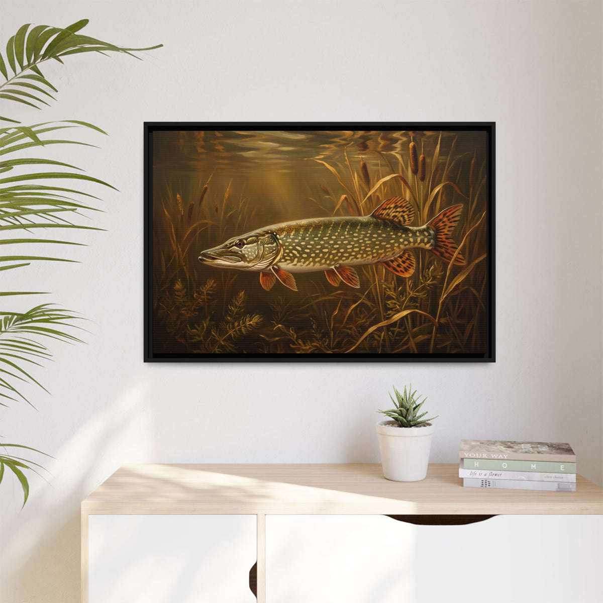 Old Masters Oil Northern Pike framed canvas hanging in a living room