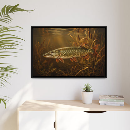 Old Masters Oil Northern Pike framed canvas hanging in a living room