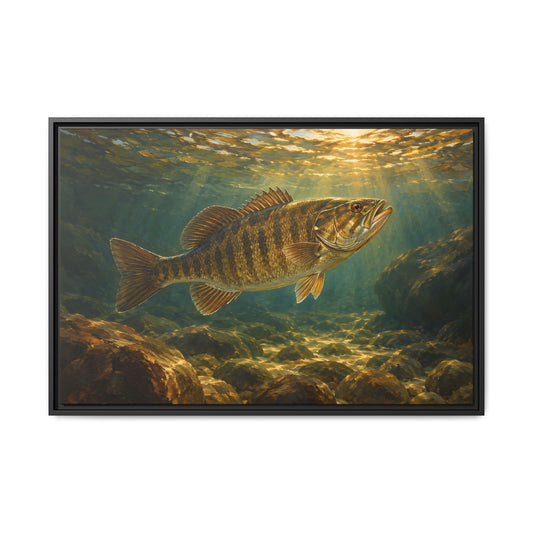 A sporting-art oil of a smallmouth bass rising through warm amber light, fishing wall art framed canvas