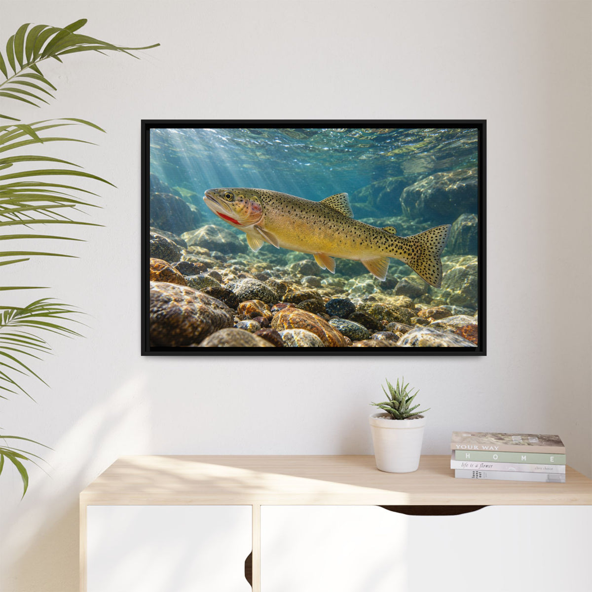 Westslope Riffle Cutthroat Trout framed canvas hanging in a living room