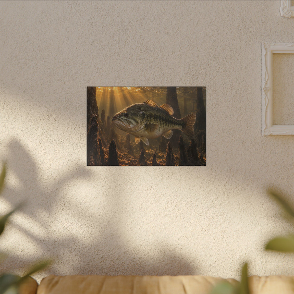 Sunrise Over the Cypress Knees Largemouth Bass canvas hanging in a living room