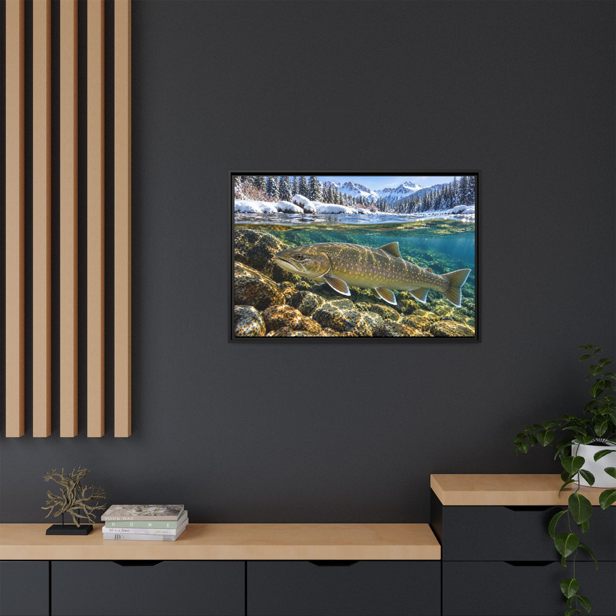 Snowy Mountain River Bull Trout framed canvas in a home office