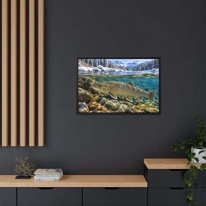 Snowy Mountain River Bull Trout framed canvas in a home office